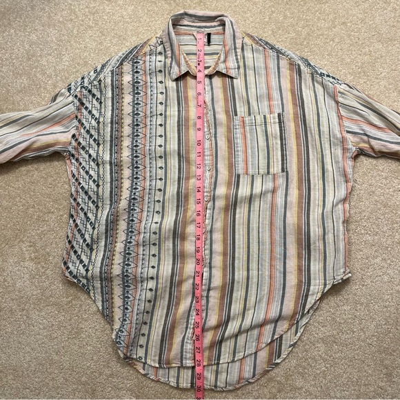 Anthropologie Shirt Womens XS/S Yellow Gray Stripes Button Up Tunic Embroidered - Picture 7 of 8